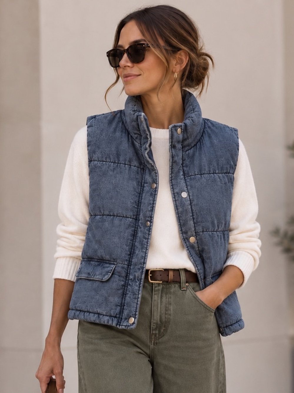 Marc New York Jeans 100% Cotton Denim Puffer Vest Blue Quilted Snap Front M